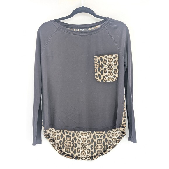 Venus Leopard Black High Low Long Sleeve Top with Front Pocket Size XS - Picture 1 of 7
